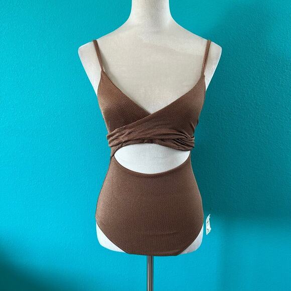 NWT Aerie Pique One Piece Wrap Full Coverage Swimsuit Raw Sienna Tan Size XS - Picture 4 of 8